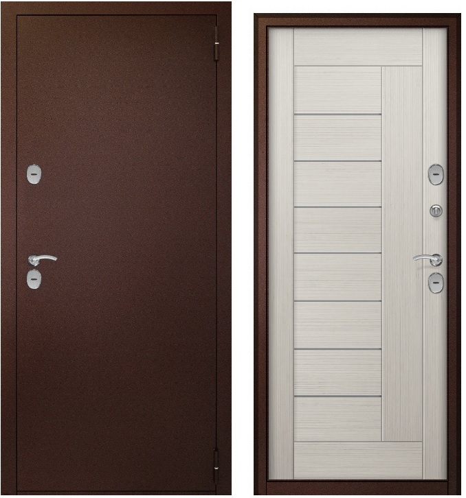 Тульские двери ТЕРМОБОКС Бьянко(медь,ЦАРГА 22мм+молдинг, ПВХ Бьянко, 2 петли, ф-ра хром) (2050*960, правая, термо)