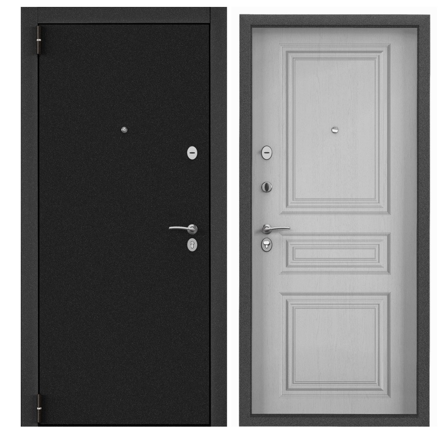 Дверь металл TOREX Х7 PRO MP (темно-серый букле графит,ПВХ ДУБ БЕЛЫЙ МАТОВЫЙ, СК67, хром кругл) 2050*860, L, левая ЛОТ N702867