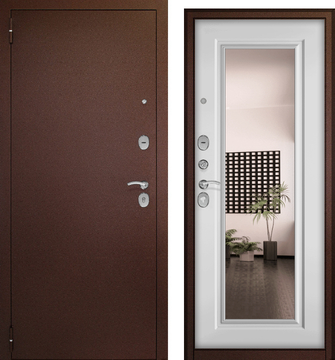 Дверь мет. Беркана (медный антик/МДФ белый матовый, зерк.вставка) (2050*960, левая)