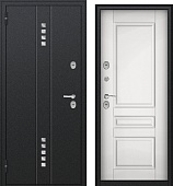 Тульские двери Б45 Термо АРКТИКА  (2050*860, левая, черн. букле,нерж декор, МДФ12мм фреза Б-122,ПВХ белая гладк.фурн хром)