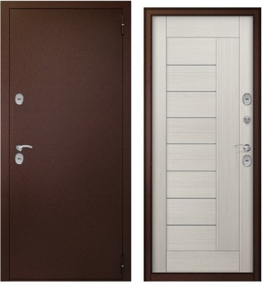 Тульские двери ТЕРМОБОКС Бьянко(медь,ЦАРГА 22мм+молдинг, ПВХ Бьянко, 2 петли, ф-ра хром)