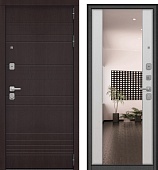 Дверь металл Дуэт (МДФ дуб фактурный горький шоколад/МДФ лиственница белая + зерк.вставка) (2050*960, правая, черный муар, хром матовый)